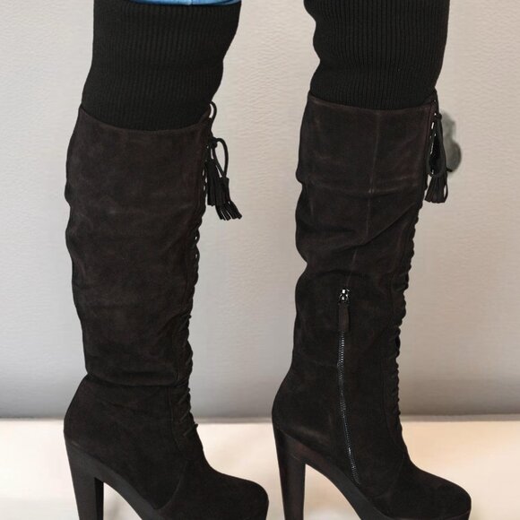 Madison Harding Dark Brown Suede Platform Knee-High Boots - Size 8 - Picture 3 of 12